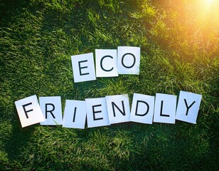 The words eco-friendly spelling out in white paper against a grassy backdrop.