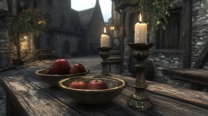 Rustic Medieval Table Setting with Candles and Apples