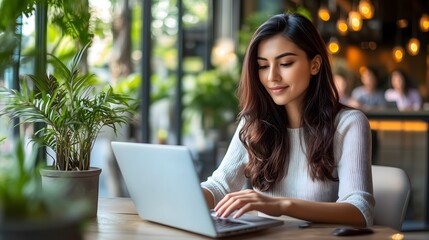 Modern home office scene featuring a focused individual in a comfortable chair,utilizing laptop an web camera for remote hiring success,accompanied by natural lighting ,potted plant decor,and spacious