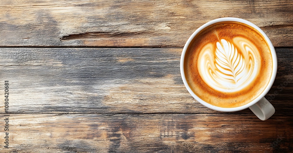 Wall mural Cappuccino coffee with latte art on a wooden table, top view, flat lay background. Generative AI