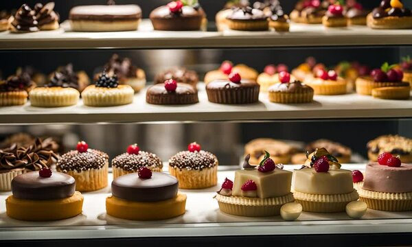 A variety of sweet pastries arranged on three shelves.