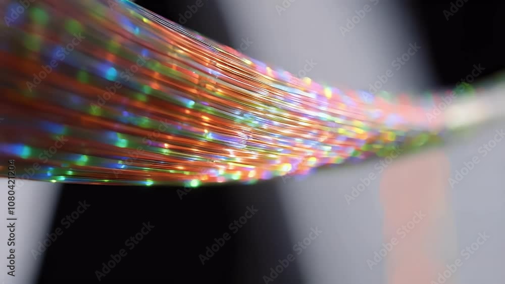 Poster close-up of colorful fiber optic strands, creating a vibrant and abstract display of light.