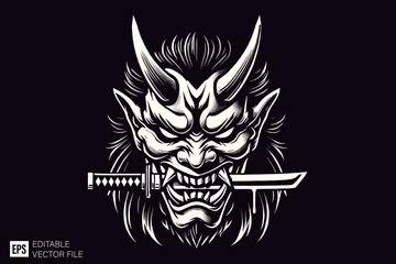 Obraz premium scary oni mask head dark art style vector design black and white illustration