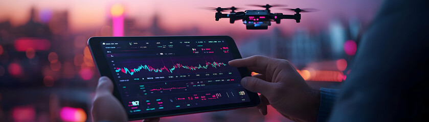 A Person Analyzing Stock Market Data on a Tablet with a Drone Flying Overhead in the City at Night - obrazy, fototapety, plakaty