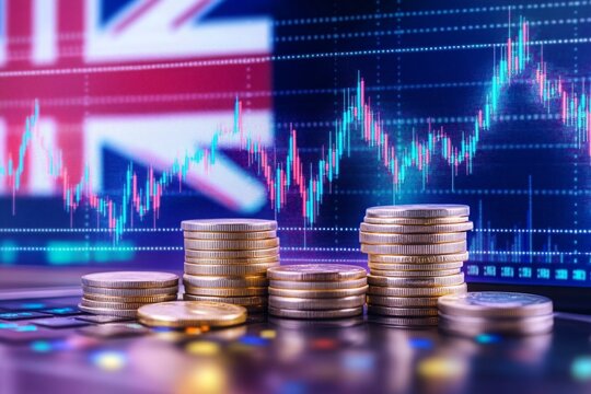 australian economy and finance . with coins and digital trading platform, economic growth, stock market chart, investment trends global challenges and opportunities.