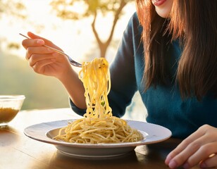 A woman twirling spaghetti around a fork, side angle.