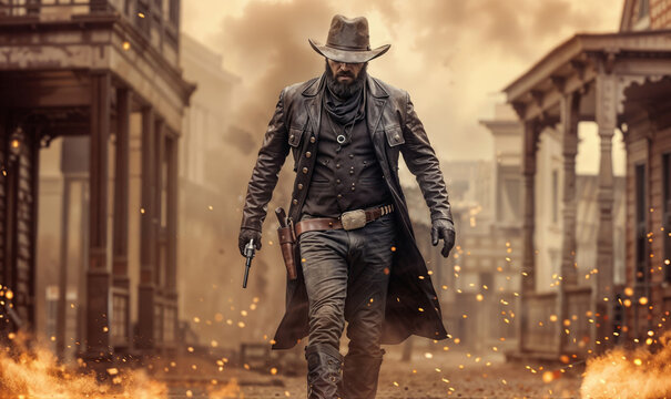 Dramatic western character portrait of gunslinger walking through town with drawn revolver. Cinematic composition features leather duster coat, cowboy hat, and sepia atmosphere with floating embers