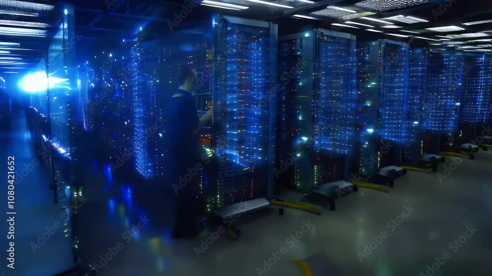 Poster rows of glowing server racks in a dimly lit data center.