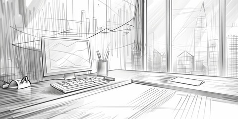 Black and white sketch of a modern office desk with a computer, overlooking a cityscape through large windows.