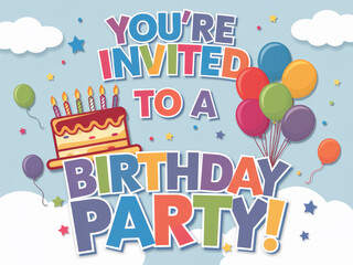 Colorful birthday party invitation with balloons and cake illustration