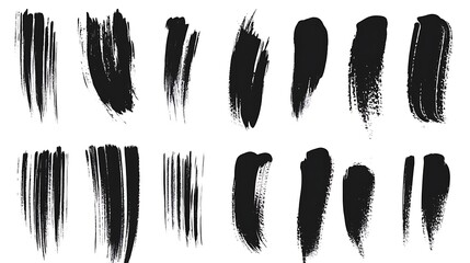 A collection of black brush strokes showcasing various textures and styles for graphic design use.