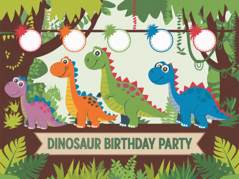 Colorful dinosaur birthday party banner with cute drawn dinosaurs in jungle setting