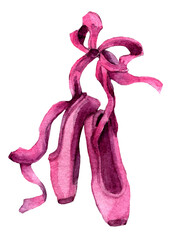 Watercolor illustration of pink pointe shoes and a bow. Part of ballerina’s wardrobe, soft ballet shoes, flats isolated. Design element for decor, prints, cards, gifts, invitations. Ballet symbol