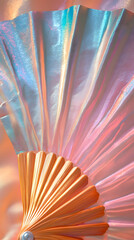 Close-up of a iridescent fan with a warm glow, folded and revealing a golden texture in the background.