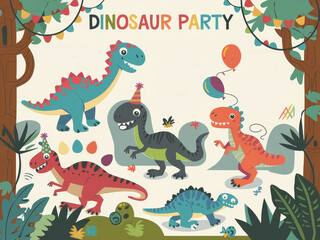 Colorful drawn dinosaur party illustration with balloons and party hats