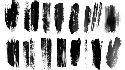 A collection of black brush strokes on a white background, showcasing various textures and styles.