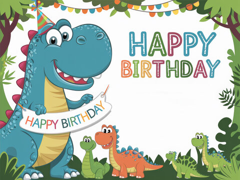 Happy birthday dinosaur celebration for kids with fun drawn dinosaurs and festive decorations