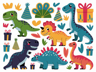 Colorful drawn dinosaurs and party elements for kids' celebrations
