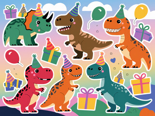 Naklejka premium Colorful dinosaur party with balloons and gifts for kids' celebrations