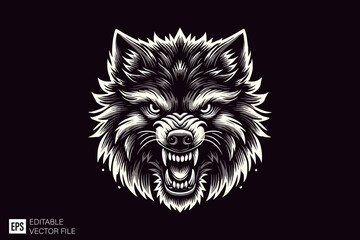 Fototapeta premium wolf head dark art style vector design black and white illustration