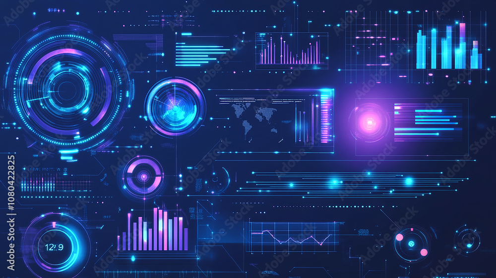 Poster futuristic digital interface with various data visualizations, charts, and graphs.