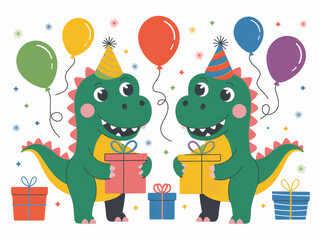 Fototapeta premium Playful dinosaur birthday celebration with balloons and gifts