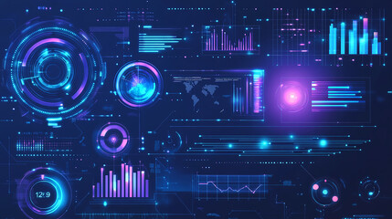 Futuristic digital interface with various data visualizations, charts, and graphs.