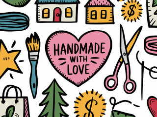Fototapeta premium Crafting inspiration: handmade with love doodle collection featuring art supplies and cozy homes