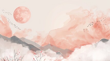 Obraz premium Majestic Misty Mountain Peaks in Traditional Chinese Ink Wash Landscape Painting Style