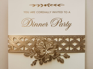 Elegant gold dinner party invitation with ornate floral design