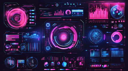 Fototapeta premium Futuristic HUD interface with neon pink and blue glowing elements.