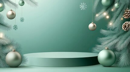 Fototapeta premium Podium Shape for Cosmetic Product Display – Christmas and New Year Showcase with Tree, Ball, and Lights on Green Background