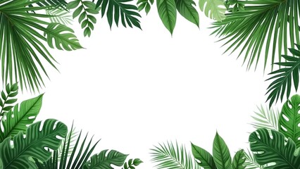 Tropical border, green leaves, white background, palm fronds, monstera leaves, philodendron leaves