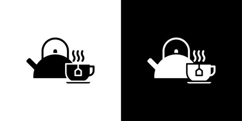 Teapot with teabag on cup icon linear logo isolated