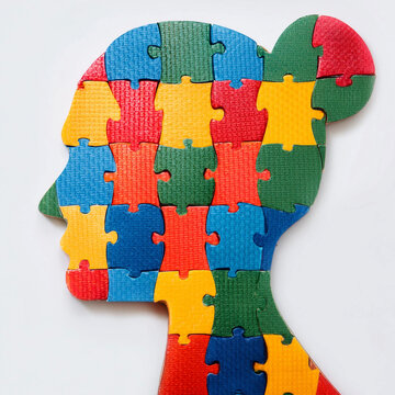  rompecabezas o bloques de construcci&oacute;n en colores primario con forma de cabeza sobre fondo blanco, concepto de juego, autismo, bipolaridad, miedos, ludico, trastornos mentales