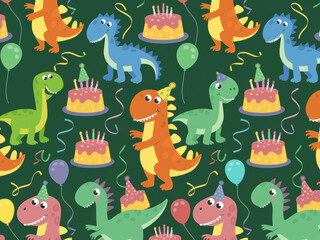Colorful dinosaur birthday party pattern with cakes and balloons