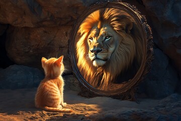Kitten Seeing Its Reflection as a Lion, Symbolizing Inner Strength and Transformation