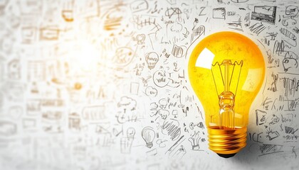 Bright yellow light bulb surrounded by creative doodles on white background for innovation ideas