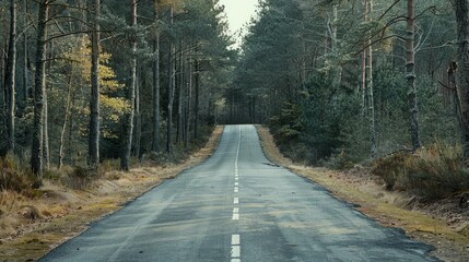 Fototapeta premium Minimalist capture of a road trip through a tranquil forest landscape