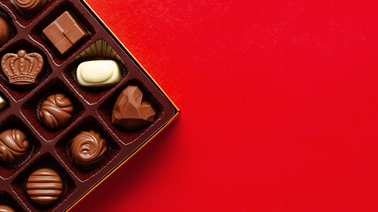 Top view of assorted chocolate candies in a box on red background. 