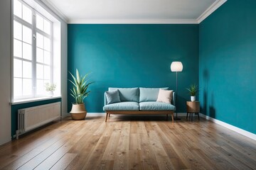 Fototapeta premium Aqua Blue Wall Warm Hardwood Flooring and Soft Natural Light for Minimalist Interior Design