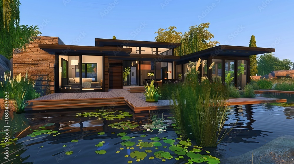Poster a house with a large pool in front of it. the pool is surrounded by plants and has a lot of water