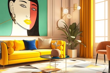 Modern Living Room with Yellow Sofa and Abstract Art