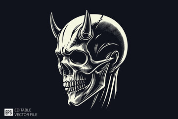 skull demon head dark art style vector design black and white illustration