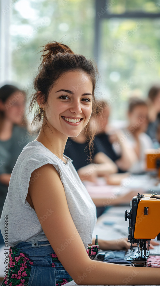 Wall mural Young woman happily sewing in a workshop with other seamstresses in the background