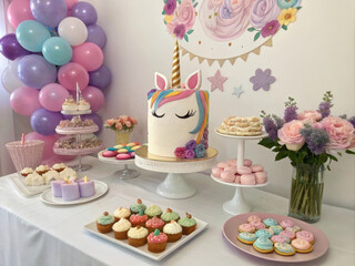 Colorful unicorn-themed cake and dessert table with floral decor for a whimsical celebration