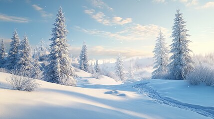 Happy New Year Winter Landscape – Frosty Snowy Hills and Fir Trees in Seasonal 3D Illustration