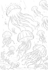 Line art of a group of jellyfish swimming in the ocean, representing tranquility and the beauty of underwater life, detailed and fluid against a simple background.