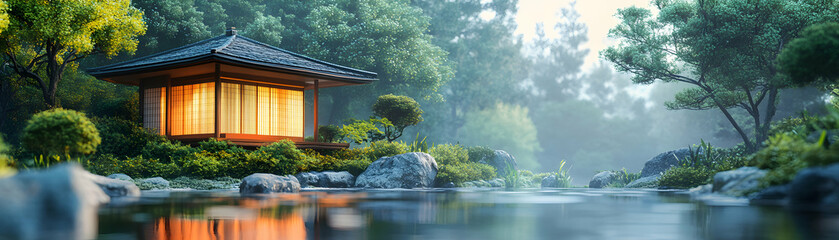 3D Illustration of a Japanese House with a Tranquil Pond and Foggy Forest in the Background
