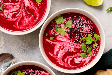 Warming Cream of Beet Soup with Ginger, Lime and Cilantro